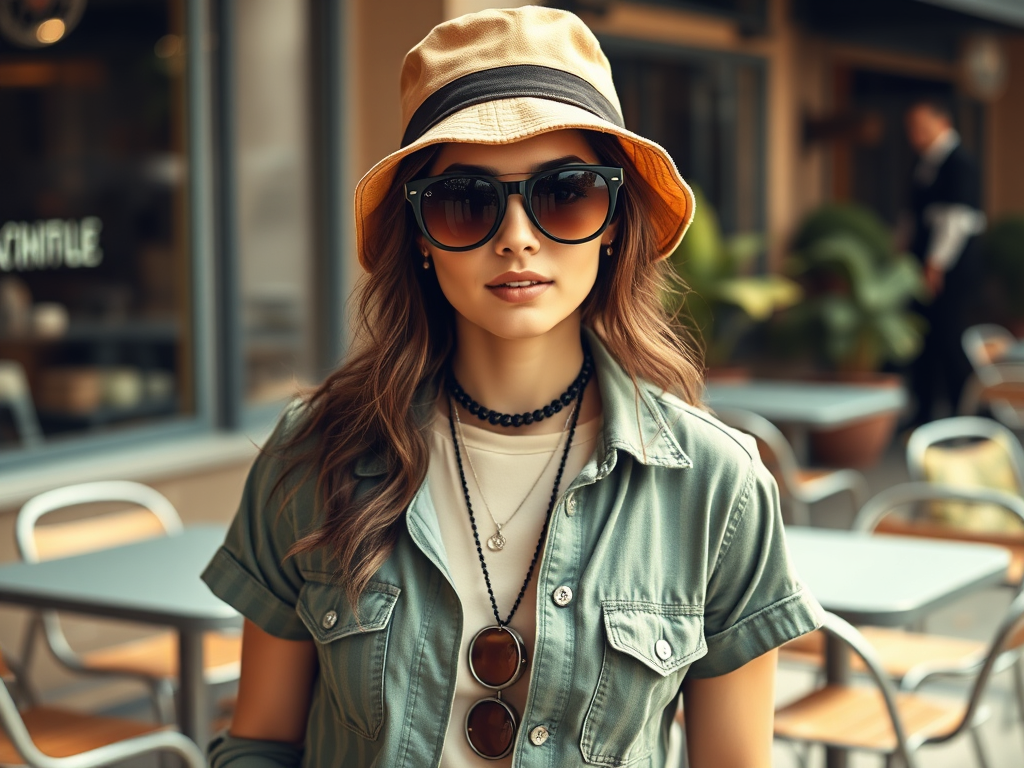 A young woman in a bucket hat and sunglasses poses outdoors, wearing a casual outfit with layered necklaces.