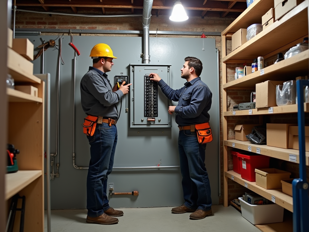 Two electricians examining a circuit breaker in a basement storage room.