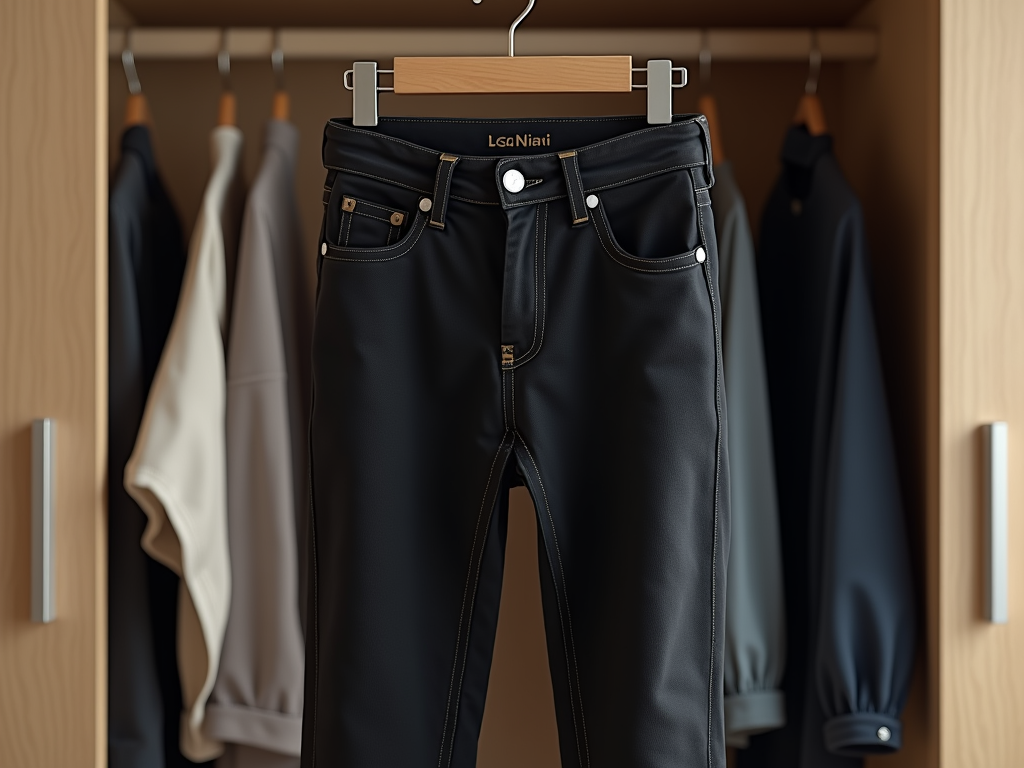 Black leather pants with white accents hanging on a hanger in a wooden closet.