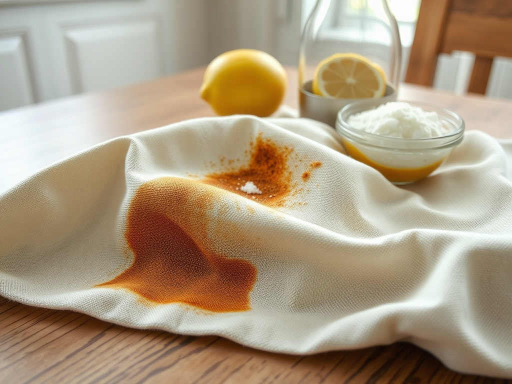 A white cloth on a table with spilled spices, a lemon, and a bowl of creamy substance. Bright and inviting kitchen scene.