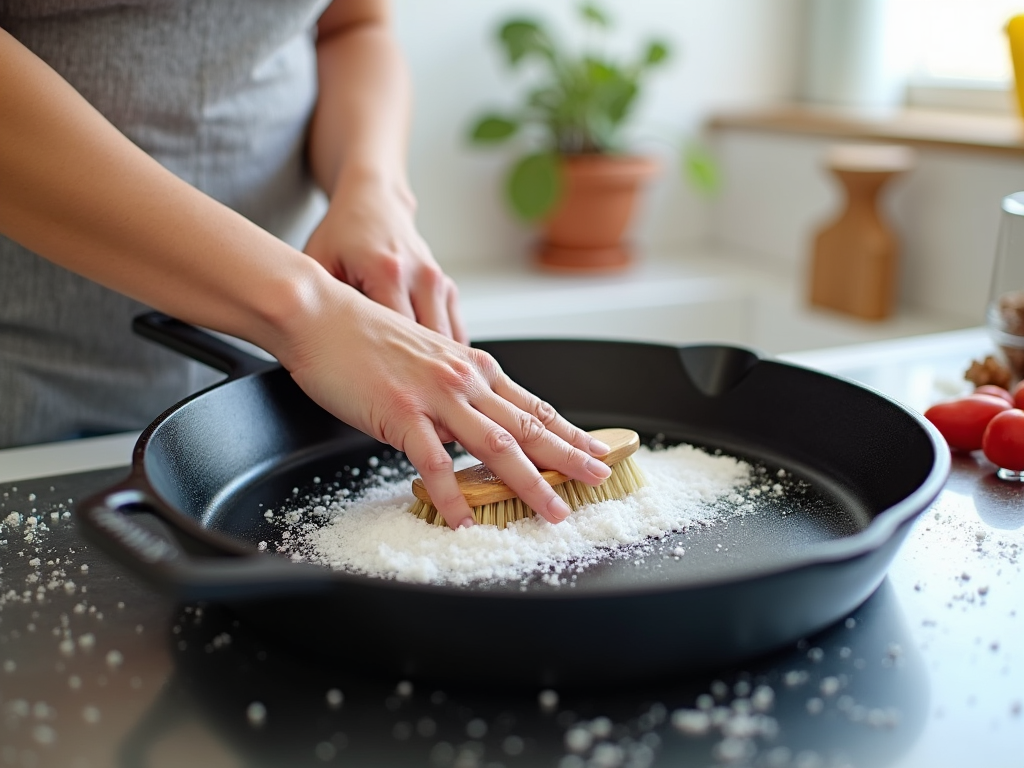 Person sprinkling salt in a skillet using a wooden tool in a sunlit kitchen.