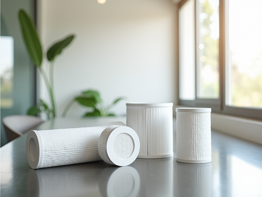 Three water filters on a table by a sunny window, with green plants in background.