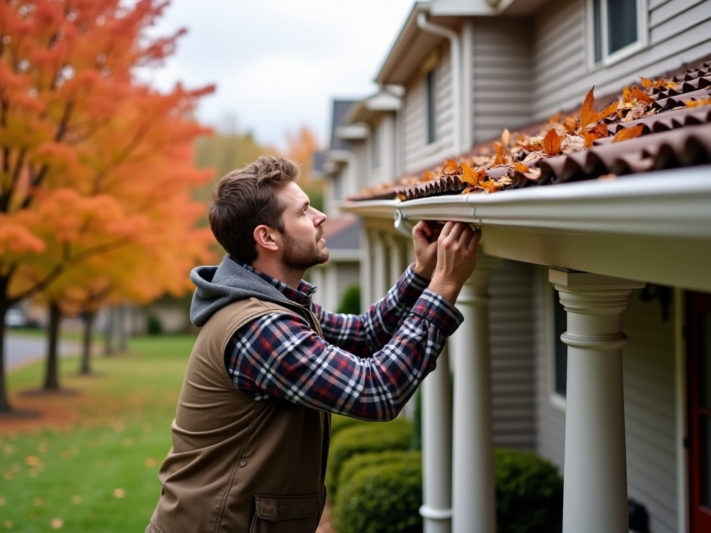 Man cleaning autumn leaves from house gutter.