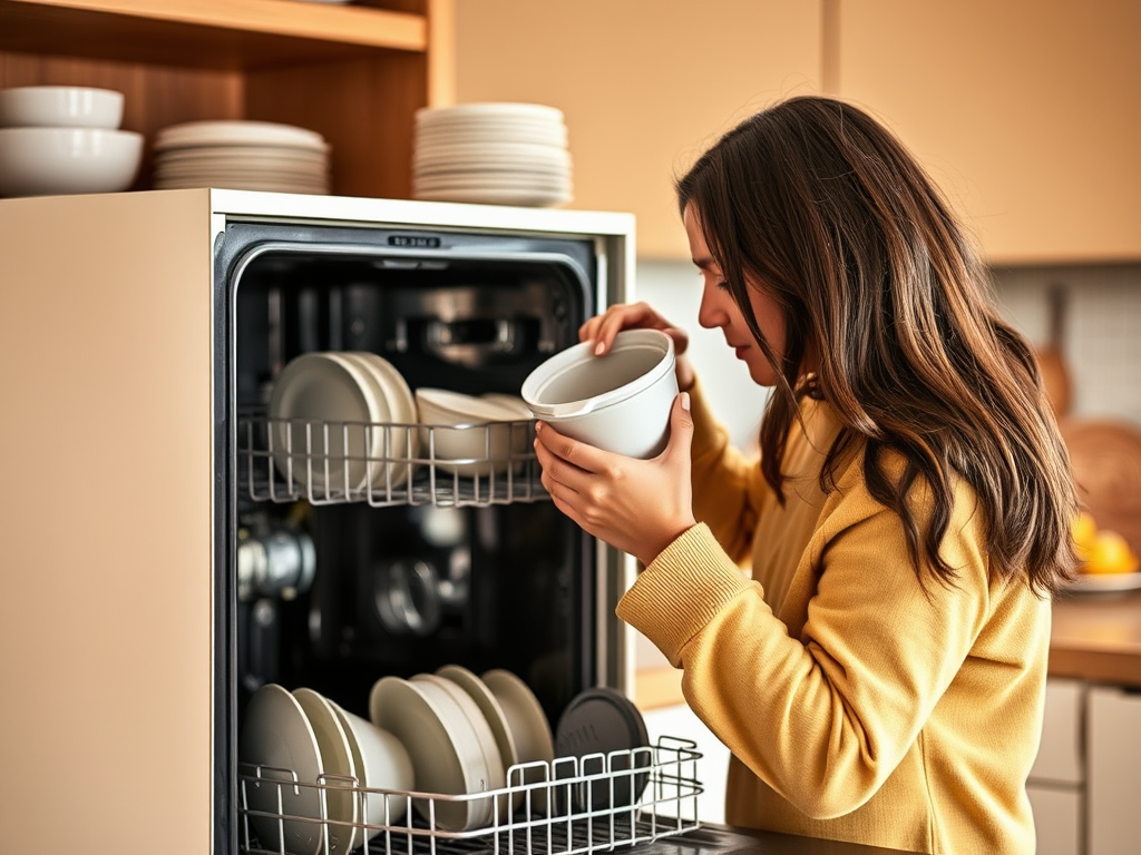 A woman in a yellow sweater is loading dishes into a dishwasher in a modern kitchen.