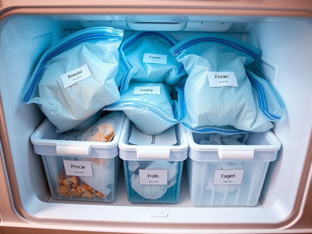 A freezer contains labeled bags and containers, organized with various food items for easy access.