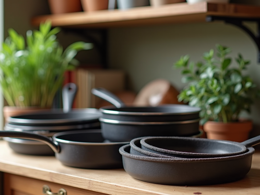 Assorted cast iron pans on a wooden kitchen counter beside potted herbs.