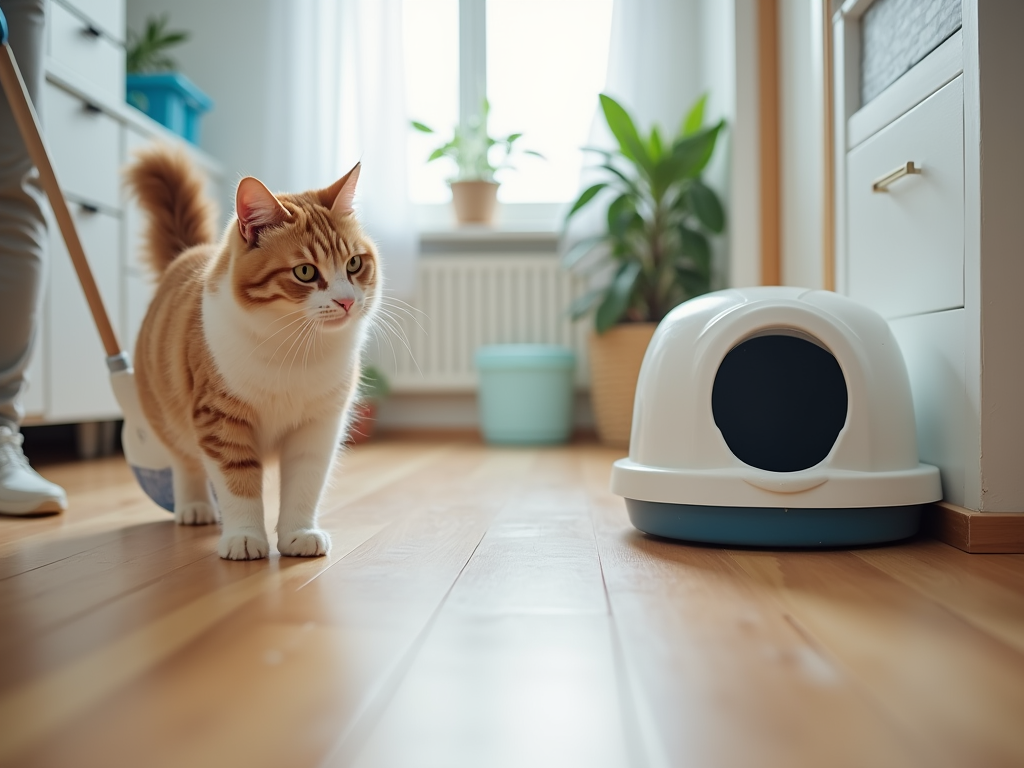 Ginger cat walking beside a modern cat litter box in a well-lit home.