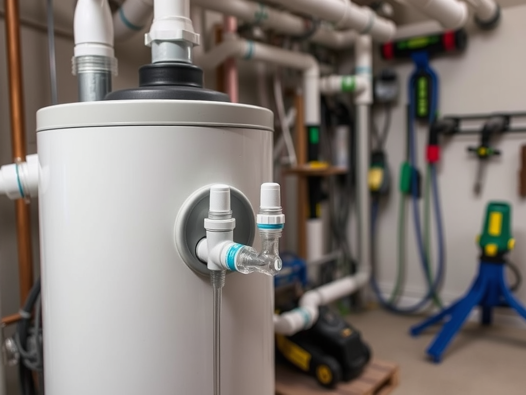 A close-up of a white cylindrical tank with various connected pipes in a well-organized utility room.