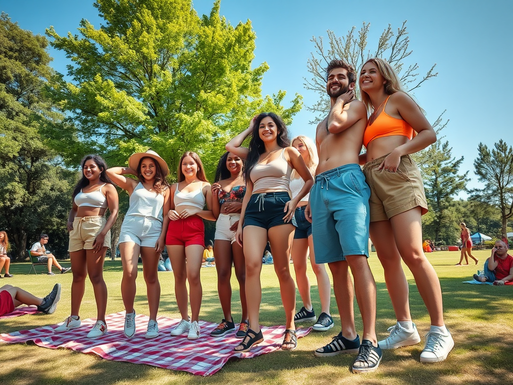 A group of nine young people smiling in a park on a sunny day, standing together on a picnic blanket.