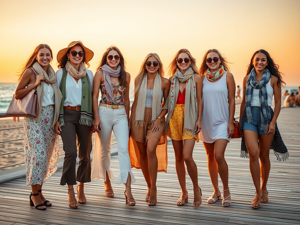 A group of seven stylish women poses on a beach boardwalk at sunset, dressed in summer outfits and scarves.