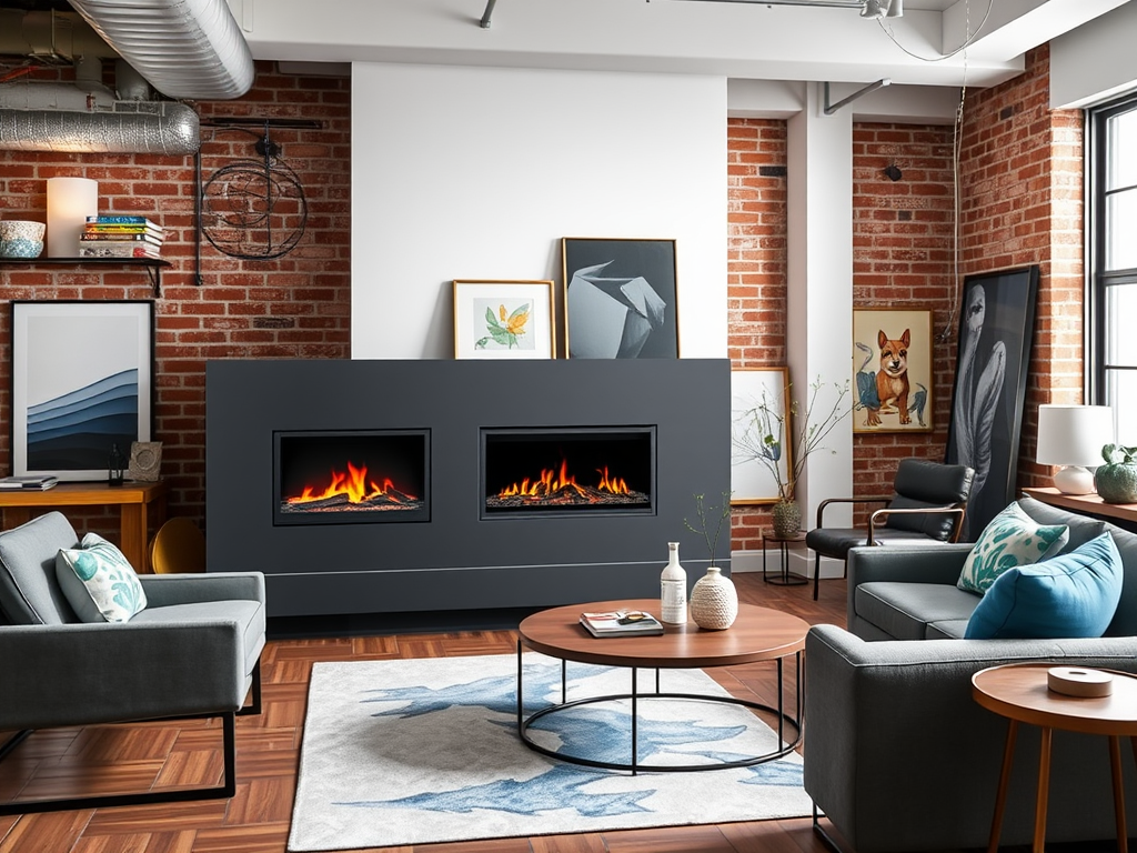 A modern living room featuring a dark fireplace, cozy seating, art on the walls, and a warm ambiance.