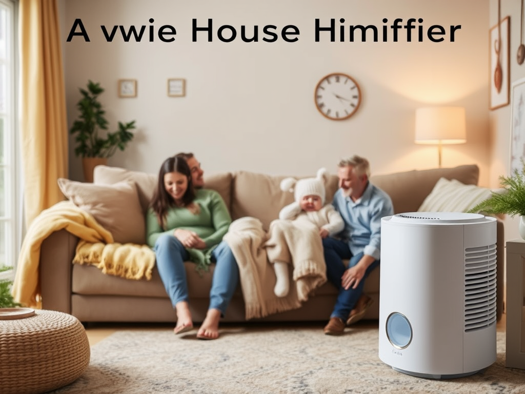 A cozy living room scene with a family on a sofa and a stylish white humidifier in the foreground.