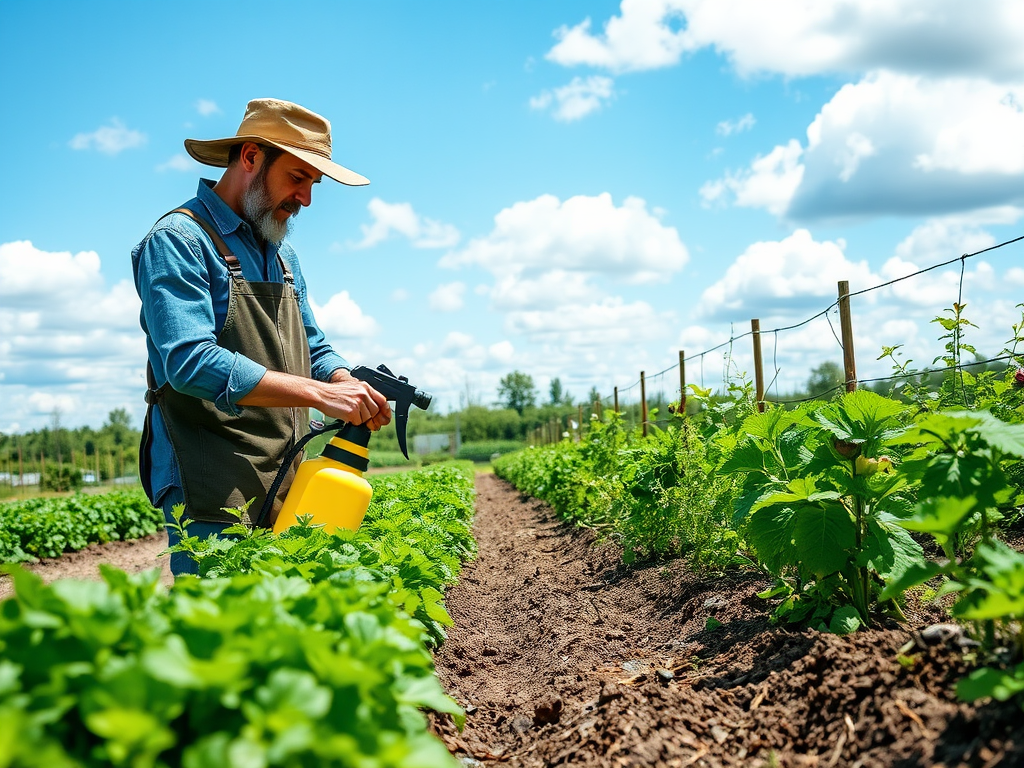 A man in a hat sprays plants in a sunny field, surrounded by green crops and blue skies with clouds.