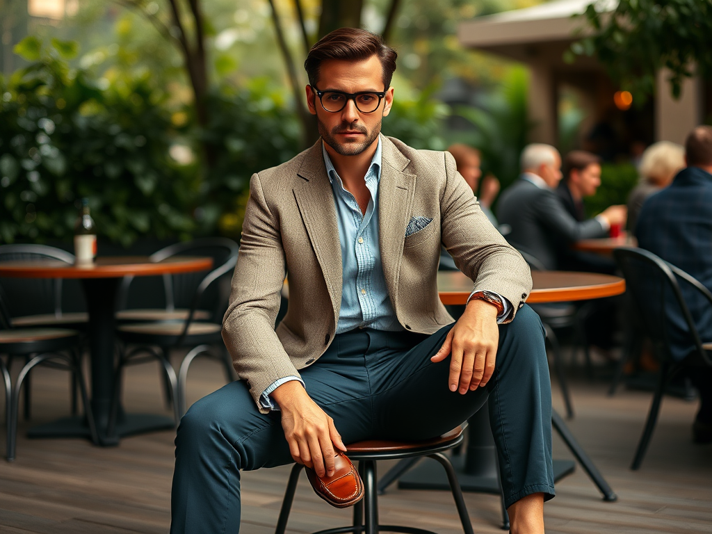 A stylish man in a blazer sits confidently on a chair, surrounded by a vibrant outdoor café setting.