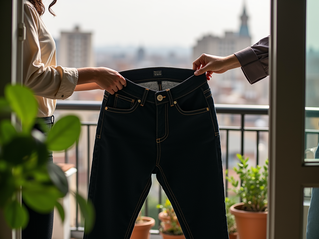 Two people holding a pair of jeans on a balcony, cityscape in the background.