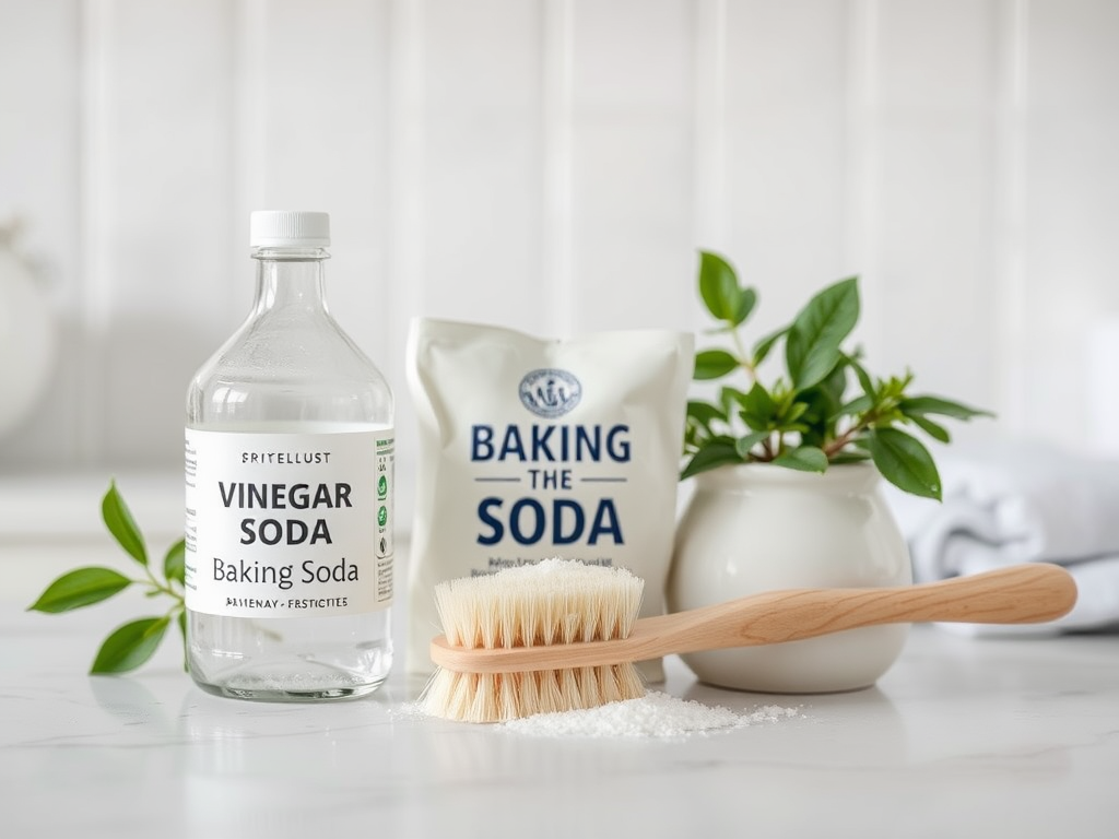 A bottle of vinegar soda, a pack of baking soda, a brush, and a plant on a countertop.