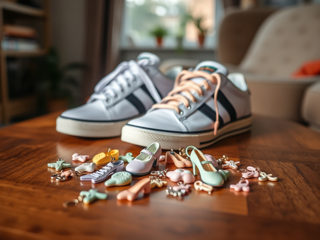 A pair of stylish sneakers on a wooden table, surrounded by colorful charms and mini shoes in various shapes.