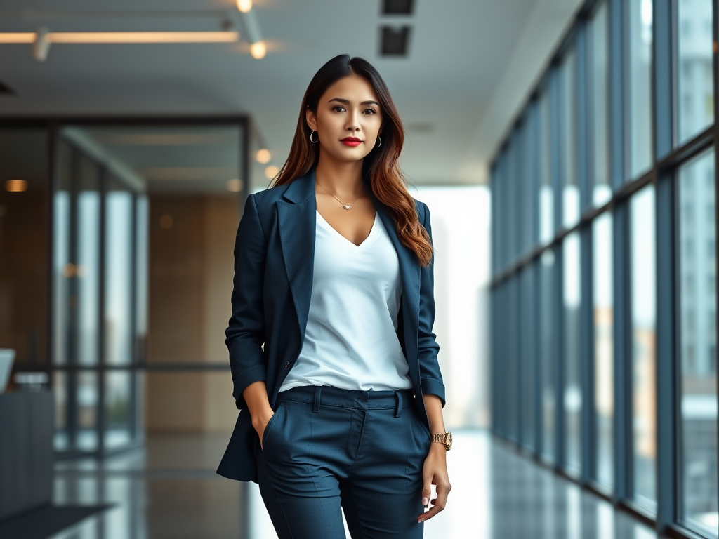 A confident woman in a navy suit stands in a modern office with large windows, looking directly at the camera.