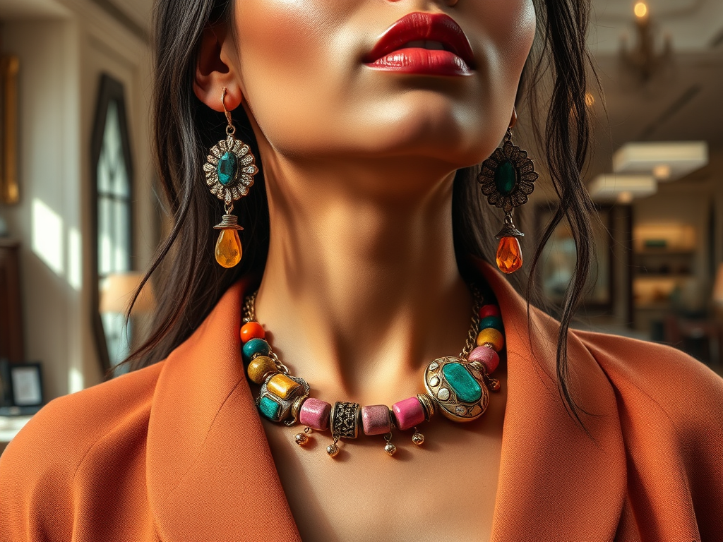 A close-up of a woman wearing bold, colorful jewelry and lipstick, styled elegantly in a chic environment.