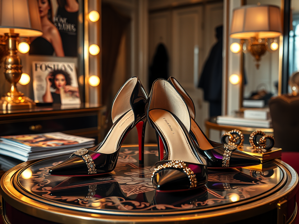 A pair of elegant black high-heeled shoes with jeweled accents rests on a stylish table in a luxurious setting.