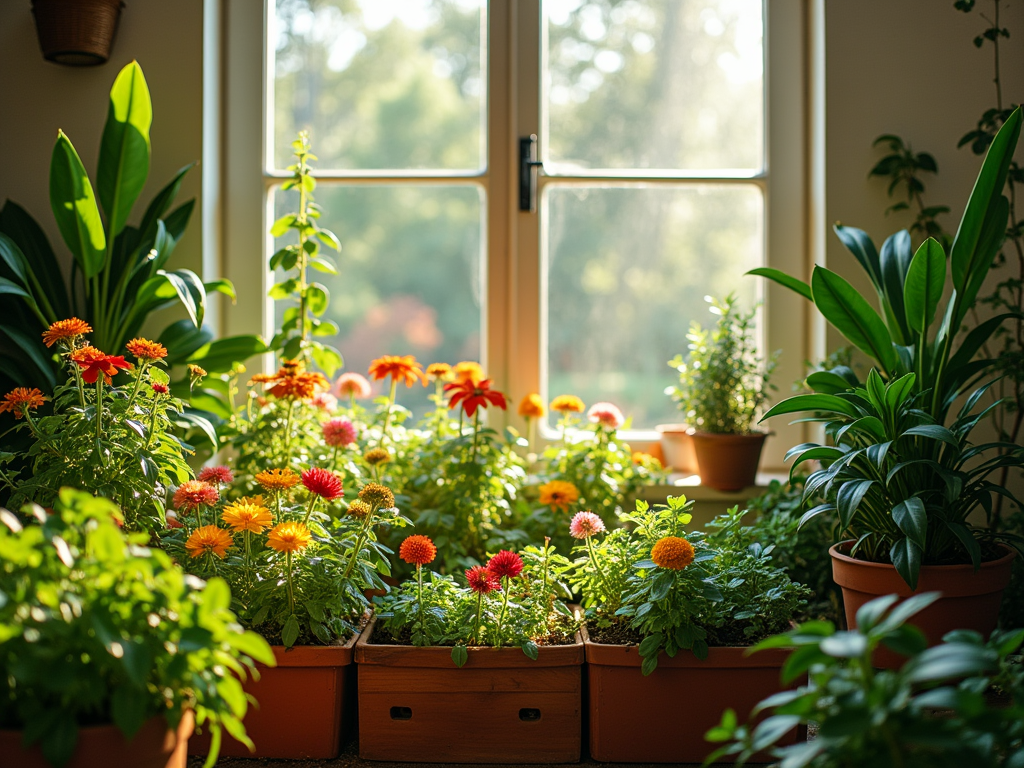 Indoor garden with colorful flowers thriving in sunlight by a window.