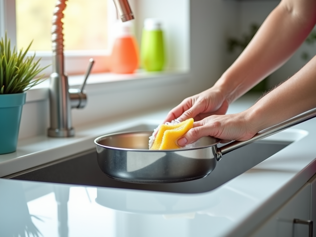 Person washing a frying pan at the kitchen sink with a sponge.