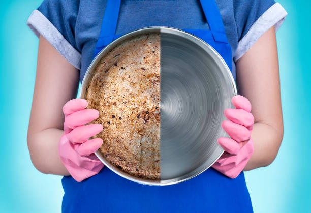 Before and after comparison of stainless steel cookware with burnt stains removal