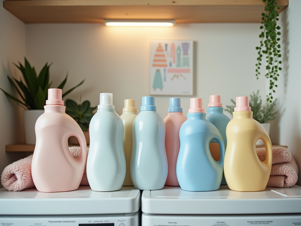 Pastel-colored detergent bottles on a washer in a cozy laundry room, with decorative plants nearby.