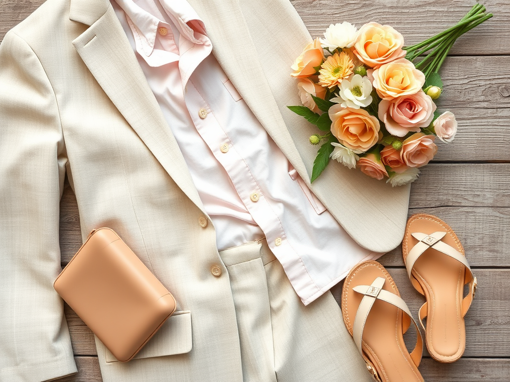 A stylish outfit featuring a light beige suit, pink shirt, wallet, sandals, and a bouquet of flowers.