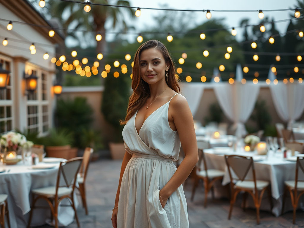 A woman in a white dress stands smiling outdoors, with string lights and elegantly set tables in the background.