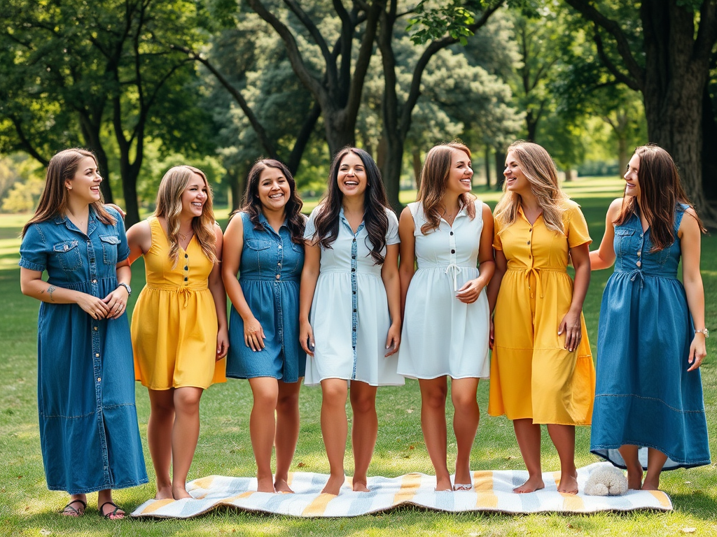 Seven women in colorful dresses stand together in a park, smiling and laughing on a sunny day.