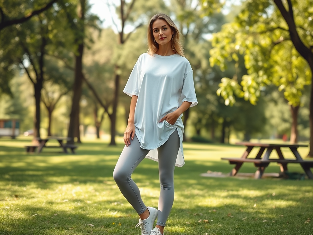 A woman poses in a park wearing a loose white shirt, gray leggings, and sneakers, surrounded by trees and benches.