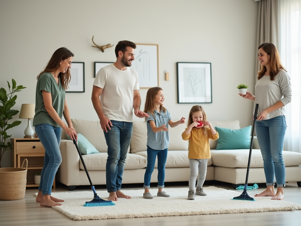 Family of four enjoying house cleaning together in a cozy living room.