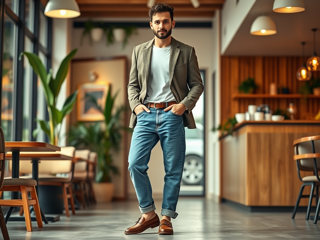 A stylish man in a blazer and jeans stands confidently in a modern cafe with plants and wooden decor.