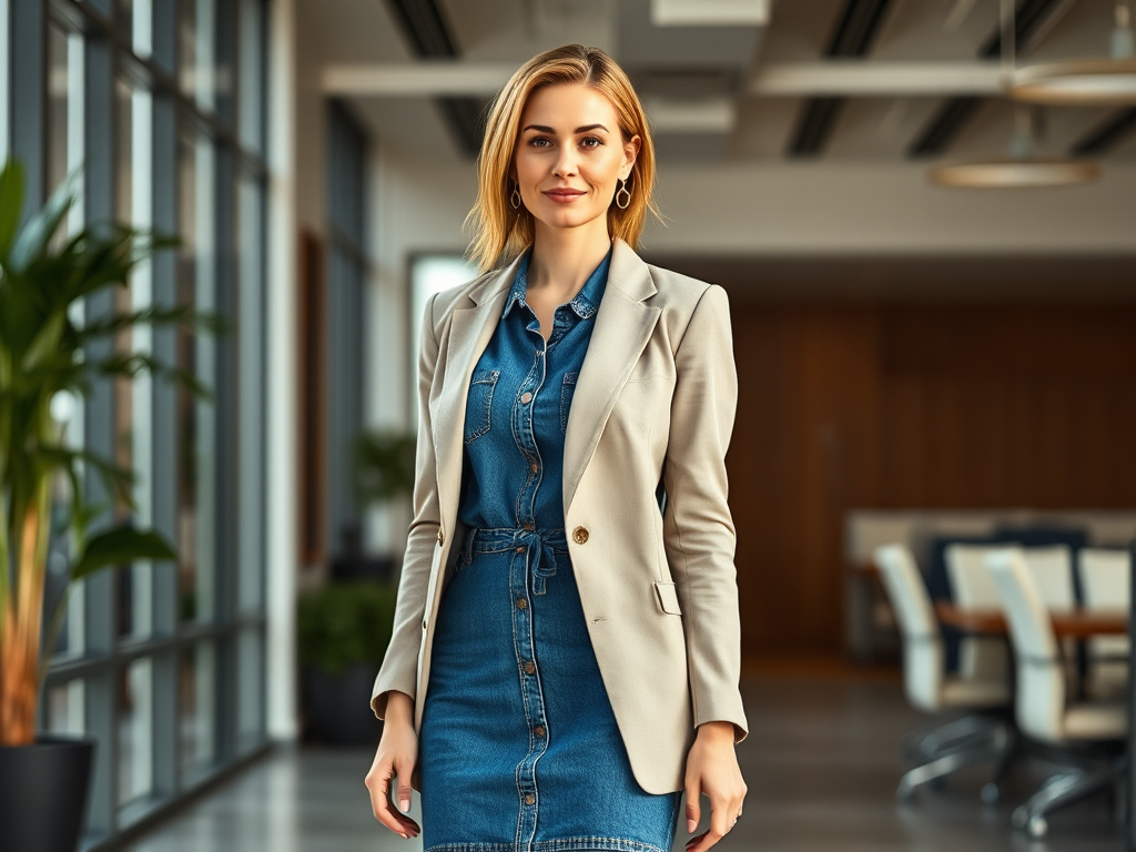 A woman in a stylish outfit combines a blazer with a denim dress, walking confidently in a modern office setting.