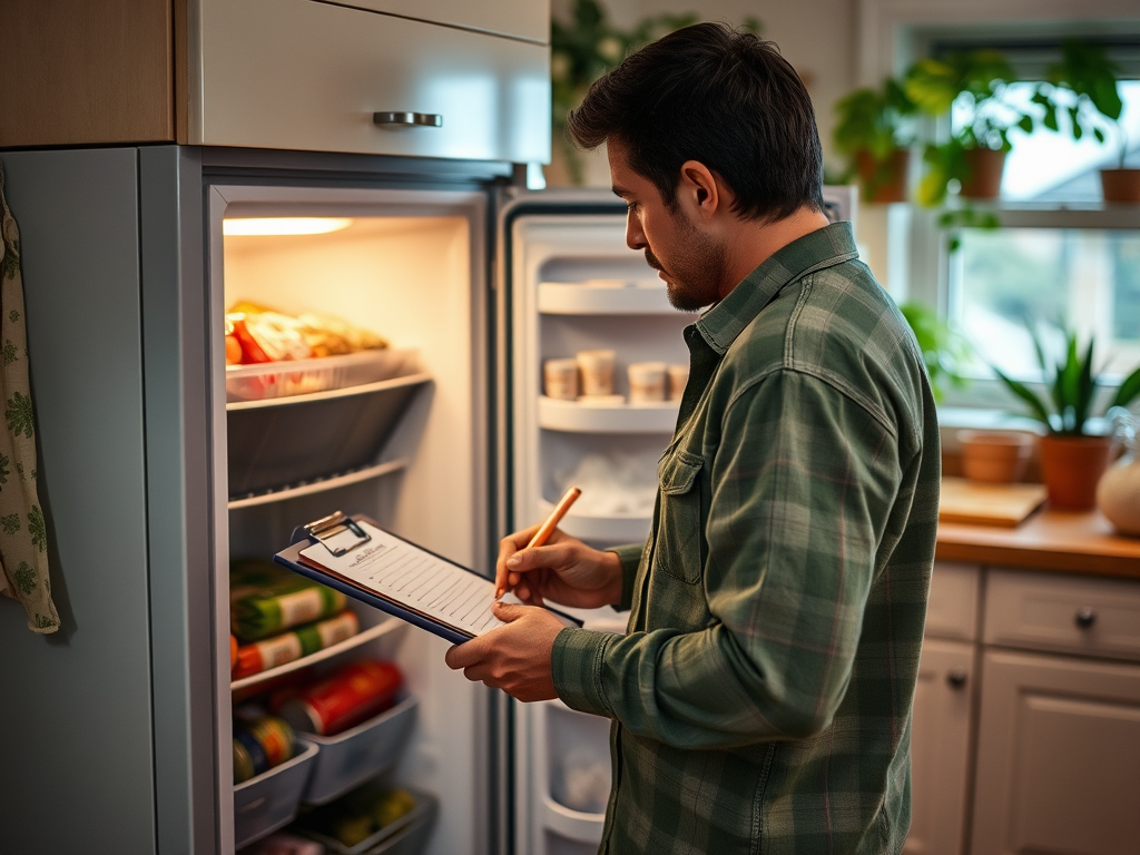 A man checks items in his refrigerator while taking notes on a clipboard in a well-lit kitchen.