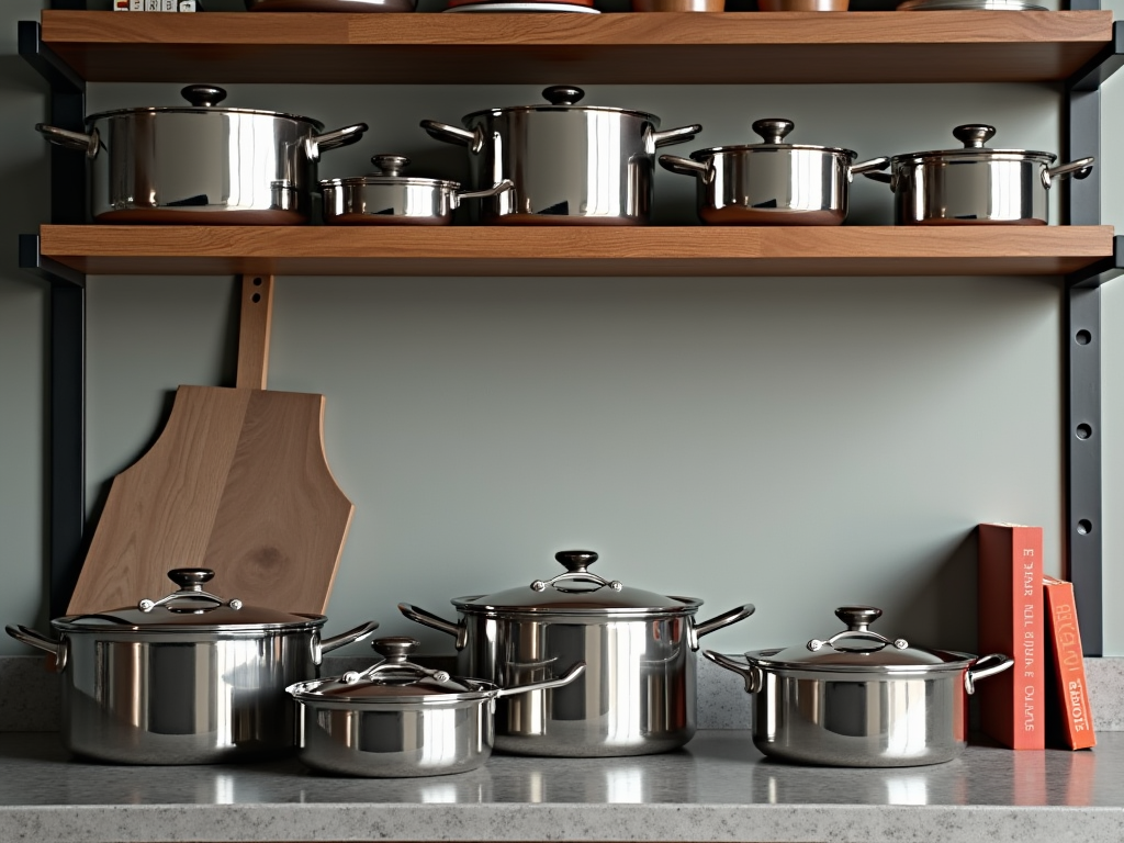 Stainless steel pots on wooden shelves in a modern kitchen.