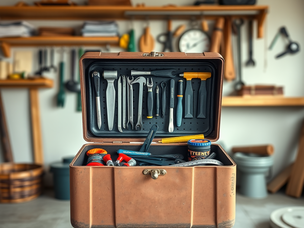 A vintage toolbox filled with various tools, including wrenches, screwdrivers, and a can of lubricant.