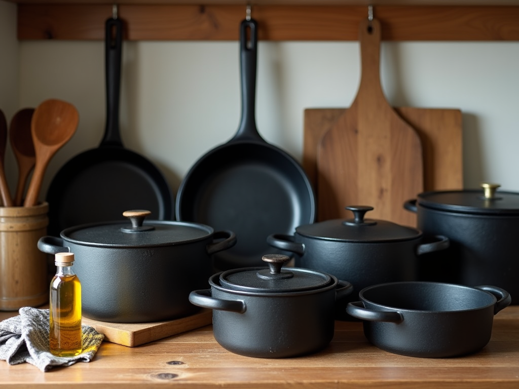 Variety of black cast iron cookware on a wooden counter, with olive oil and wooden utensils.