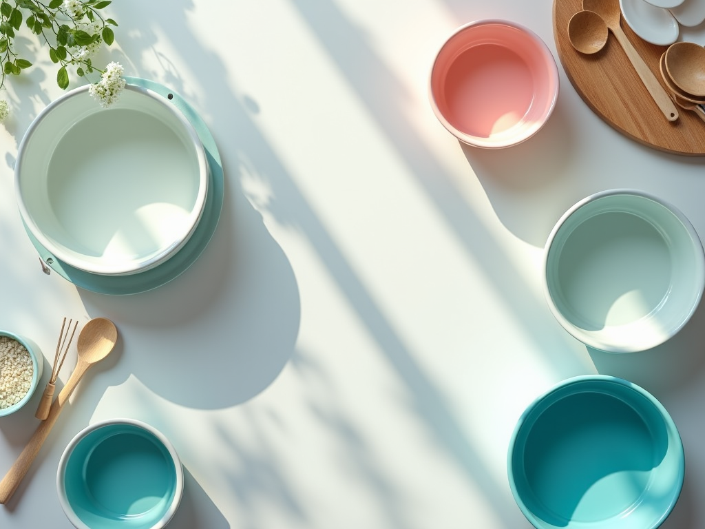 Various colored bowls and wooden utensils on a table, with sunlight casting shadows.