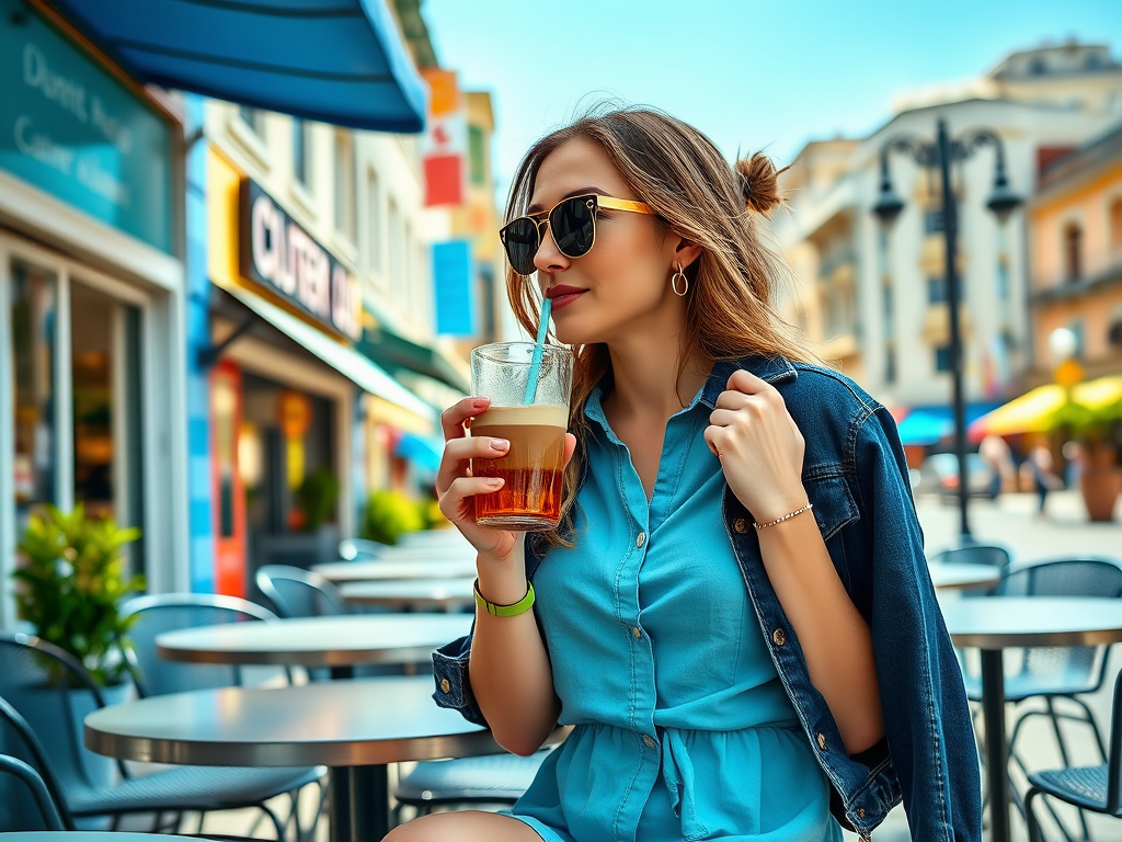 A woman in sunglasses enjoys a drink while seated outdoors at a café, wearing a blue shirt and denim jacket.
