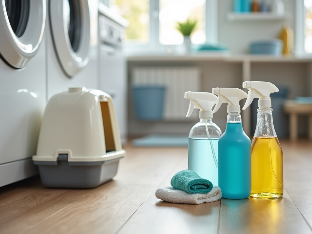 Spray bottles with cleaning solutions and a cloth in a laundry room.