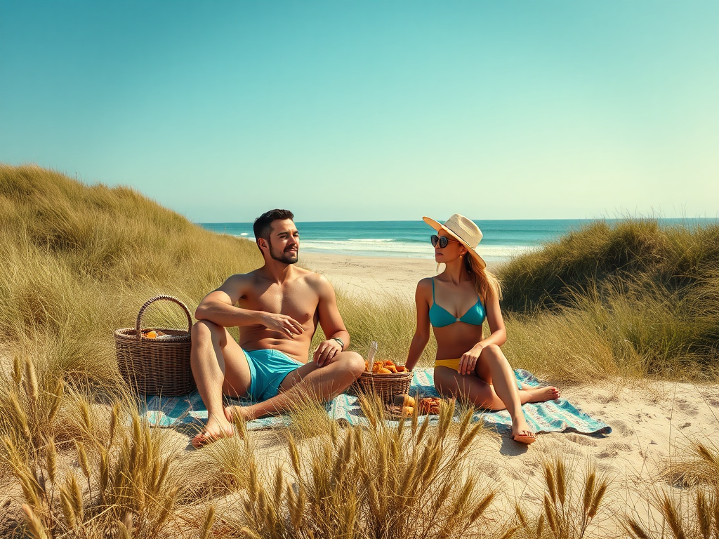 A man and woman enjoy a beach picnic, sitting on a towel with baskets, surrounded by tall grass and ocean waves.