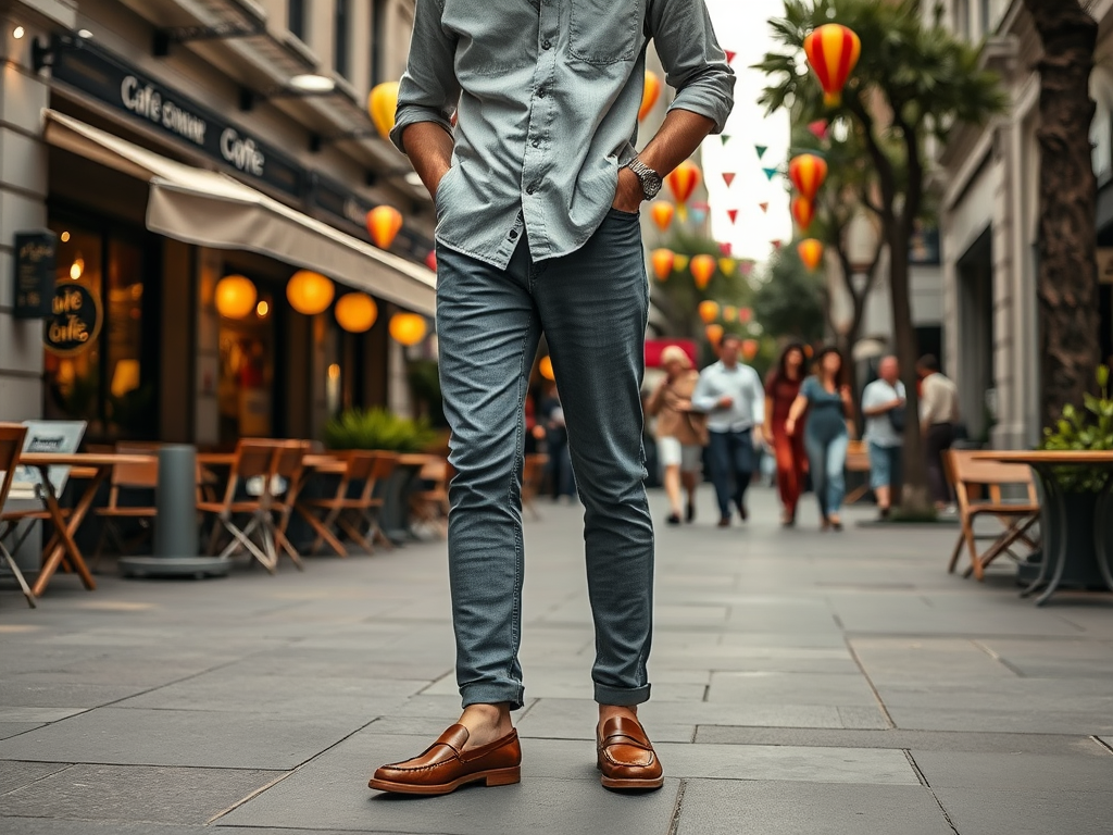 A man in a casual outfit stands in a lively street with cafes and colorful lanterns overhead.