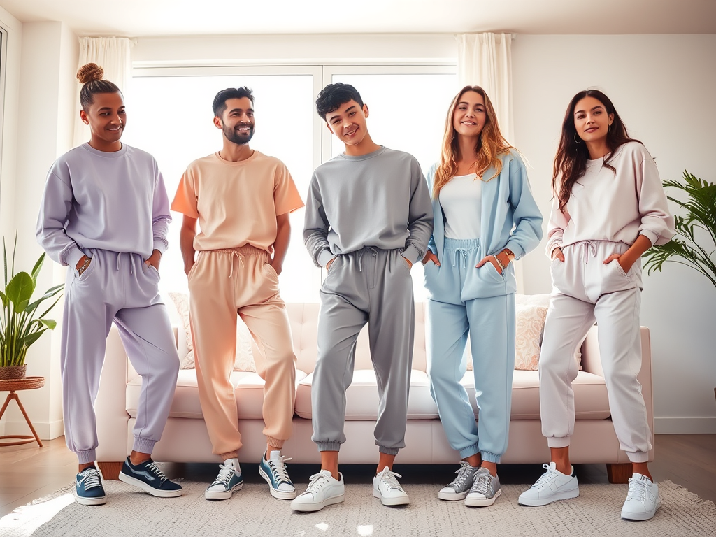 Five individuals in colorful sweat suits stand together, smiling, in a bright, cozy living room.