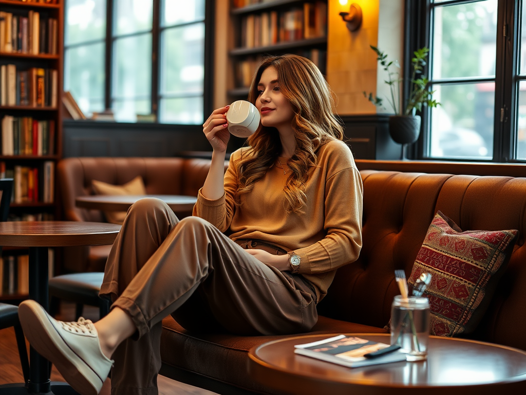 A woman sitting in a cozy café, sipping coffee, surrounded by books and warm decor.