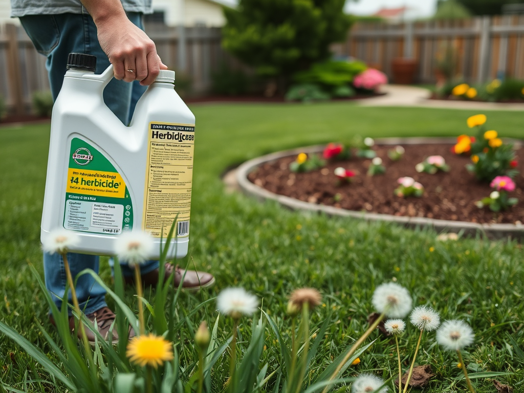 A person holds a herbicide container while standing in a garden with colorful flowers and green grass.