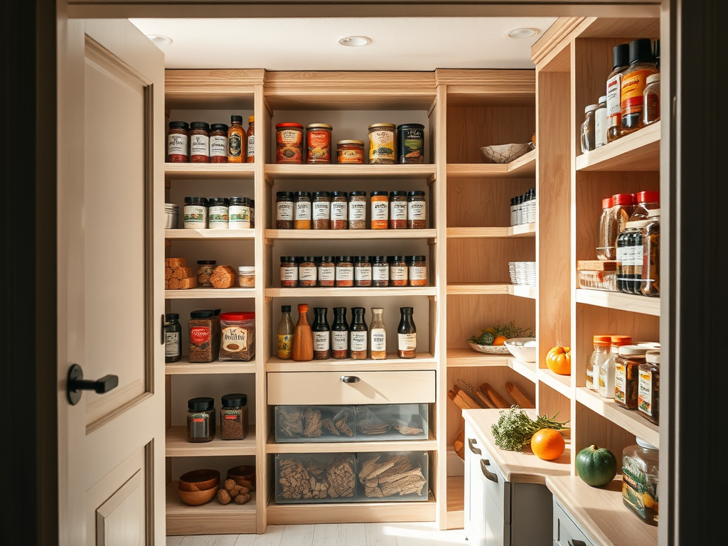 A well-organized pantry with shelves of spices, condiments, jars, and fresh produce, illuminated by overhead lights.