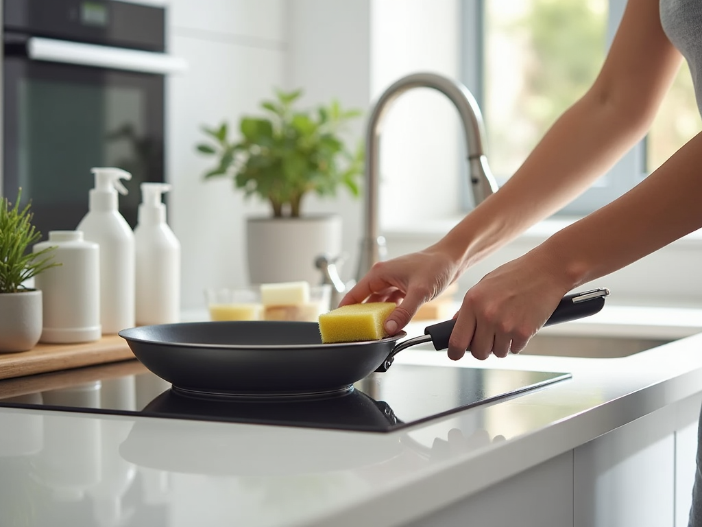 Person cleaning a frying pan with a sponge in a modern kitchen.