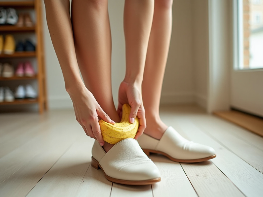 Person inserting yellow shoe pads into white loafers, standing on a wooden floor with shoe rack in background.